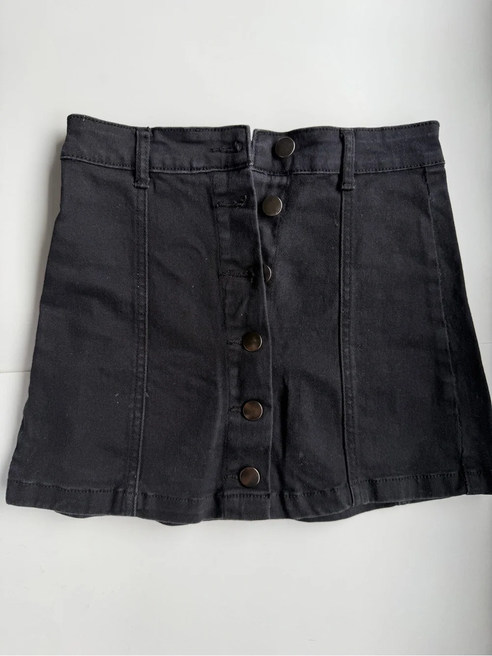 Black Denim Button Front A-Line Mini Skirt